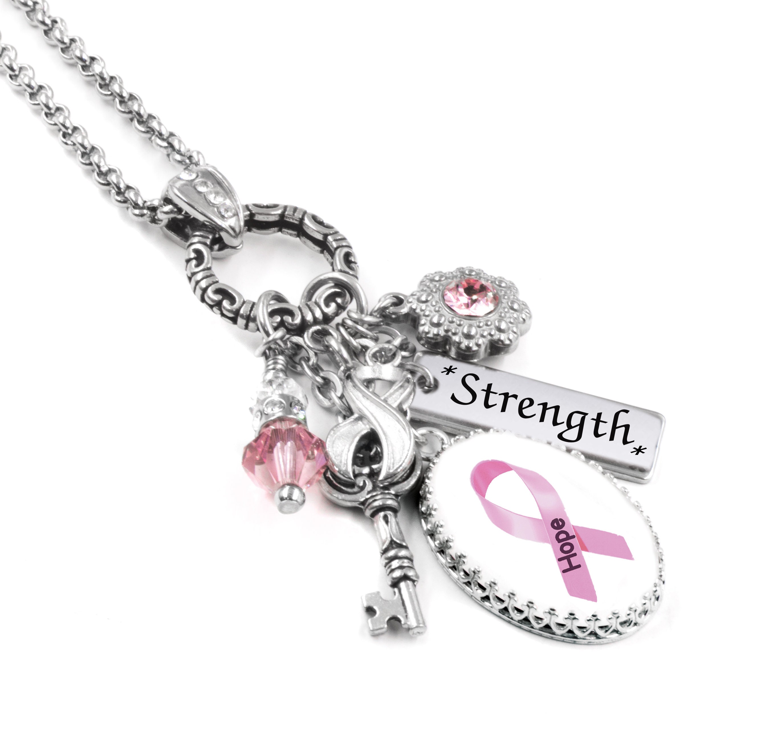 Custom Breast Cancer Awareness Bracelet Pink Ribbon Choose Initial Heart Charm