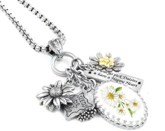 Daisy Necklace, Flower Pendant, Enameled Daisies Charms, Happy Jewelry, Sunshine Yellow