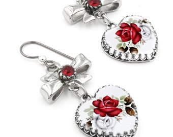 Rose Heart Earrings with Red Ruby Crystals and Bow Charms, Sterling Silver