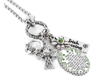 Irish Necklace, Blessing Pendant St. Patricks Day Jewelry, Celtic Cross Charm, Emerald Shamrocks, Claddagh