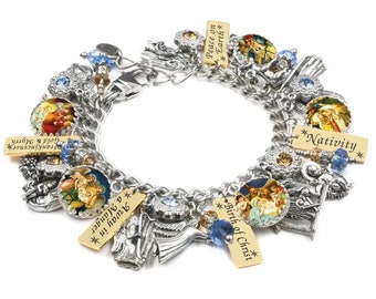 Nativity Bracelet, Religious Jewelry, Birth of Christ Gift, Christian Charms, Madonna and Child