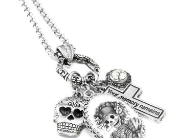 Day of the Dead Necklace with Pendant, Mexican Holiday, November 1st, Non Tarnish Stainless