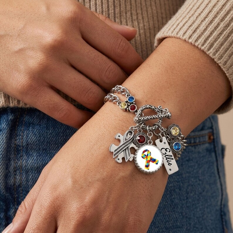Personalized Autism Bracelet Gift, Awareness Ribbon Jewelry, Puzzle Charm, Custom Engraving image 2