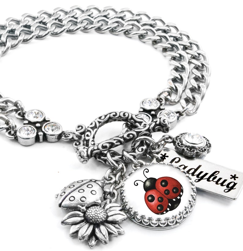 Lucky Ladybug Charm Bracelet, Silver Ladybug Jewelry, with Sunflower image 3