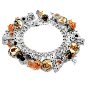 Halloween Jewelry, Pumpkin Charm Bracelet, Vintage Images, Halloween Gift, Trick or Treat, Orange and Black