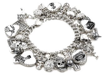 Day of the Dead Bracelet with Black Shell Pearls for Dia de los Muertos, Dancing Skeletons