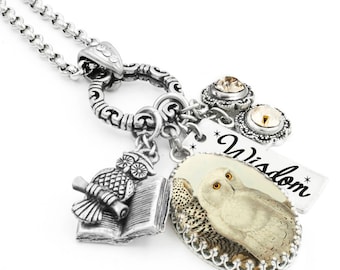 Silver Snow Owl Necklace Gift with Charms, Non Tarnish Stainless