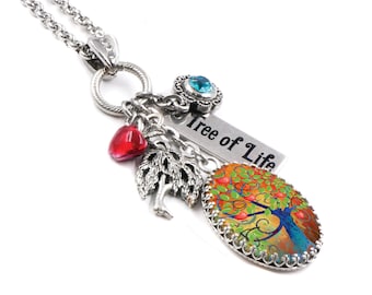 Colorful Tree of Life Necklace with Personalized Engraved Charm, Non Tarnish Stainless