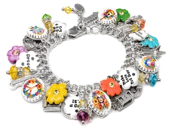 Hippie Charm Bracelet, Sixties Flower Children Gift, Colorful 1960's Jewelry, Non Tarnish Stainless