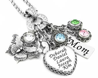 Personalized Birthstone Necklace, Custom Family Jewelry, Childrens Names, Personal Engraved Name