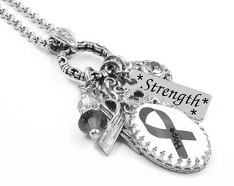 Personalized Juvenile Diabetes Necklace, Gray Awareness Ribbon, Custom Engraved Name