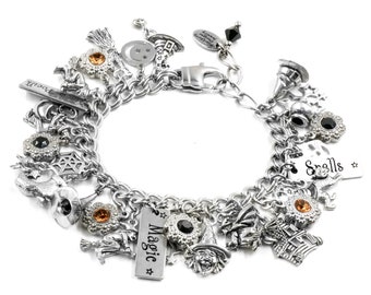 Halloween Jewelry, Witch Bracelet, Pumpkin Charms, Black Cat