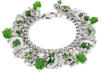 Shamrock Bracelet, St. Patricks Day, Irish Jewelry, Lucky Four Leaf Clover Charms, Celtic Crystals