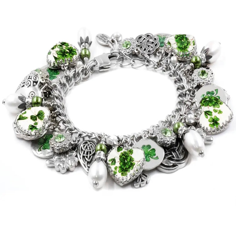 Irish Bracelet, Celtic Jewelry, Emerald Green Four Leaf Clovers, Real Pearls Non Tarnish Stainless image 1