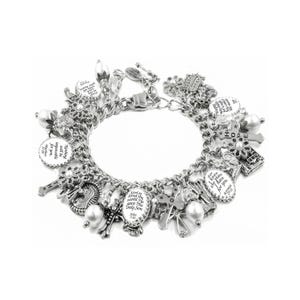 May include: Silver charm bracelet with various charms, including crosses, pearls, and circular pendants with inspirational text. The bracelet features a chain link design and a clasp closure. The charms include the words "HOPE" and other religious quotes.