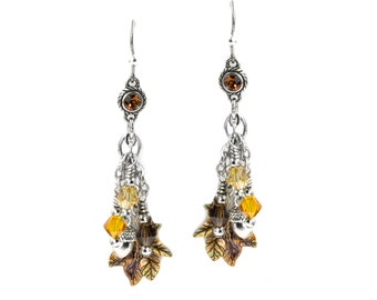 Acorn Leaf Earrings for Fall and Autumn, Gold and Copper & Brown, Stainless Steel