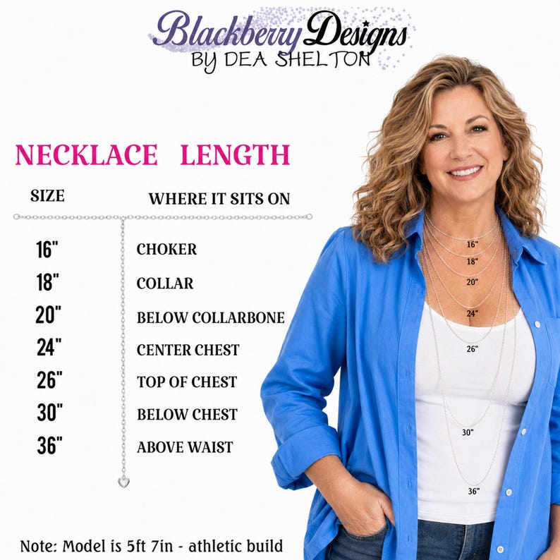 The image is a promotional image for a necklace by DEA Shelton, featuring a woman wearing a blue shirt and posing with a necklace. The image includes a chart that provides the necklace length in inches and the corresponding necklace length in centimeters, along with the corresponding size in inches.