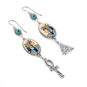 Egypt Charm Earrings, Cleopatra Jewelry, Colorful Egyptian Pyramid and Ankh