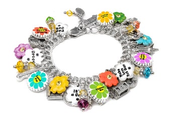 1960's Charm Bracelet, Colorful Sixties Flower Jewelry in Non Tarnish Stainless, Flower Power