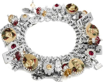 Santa Claus Charm Bracelet, Christmas Jewelry, Holiday Charms in Red and Gold Crystals