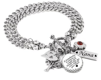 Personalized Charm Bracelet for Grandma, Grandmother Birthstone in Non Tarnish Stainless Steel