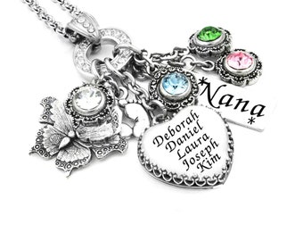 Mothers Day Necklace, Personal Mom Necklace, Childrens Heart Pendant, Kids Birthstones and Engraved Names