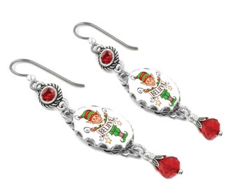 Elf Earrings, Elves Christmas Gift, Stocking Stuffers, Holiday Earrings in Red and Green