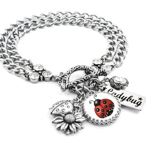 Lucky Ladybug Charm Bracelet, Silver Ladybug Jewelry, with Sunflower image 1