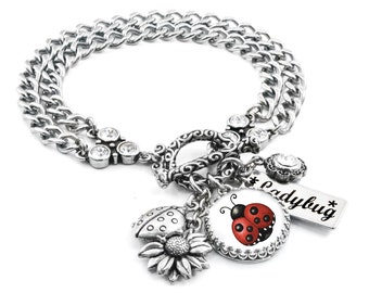 Lucky Ladybug Charm Bracelet, Silver Ladybug Jewelry, with Sunflower