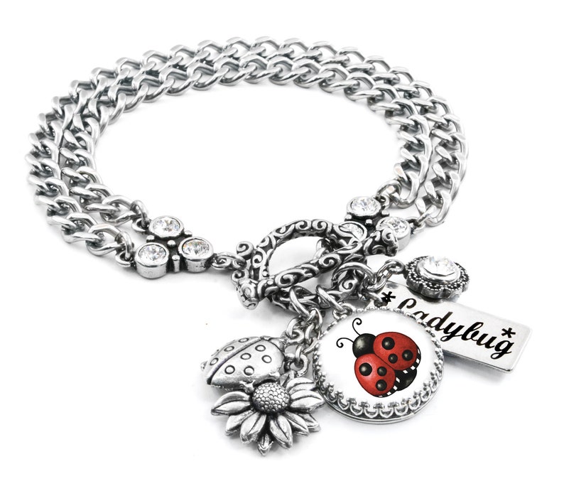 Lucky Ladybug Charm Bracelet, Silver Ladybug Jewelry, with Sunflower image 1