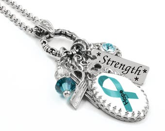 Personalized Ovarian Cancer Awareness Necklace, Teal Ribbon, Custom Name Jewelry