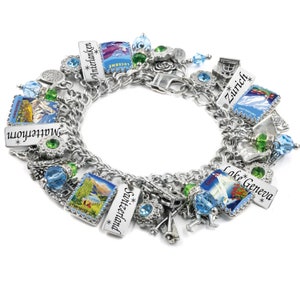 Switzerland Travel Bracelet, Colorful Swiss Alps, Cow Bells and Cheese Charms