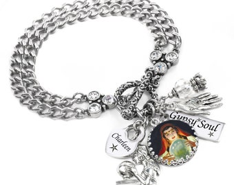 Personalized Gypsy Bracelet, Fortune Teller Jewelry, Crystal Ball Charm, Engraved Heart