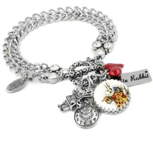 White Rabbit Charm Bracelet, Alice in Wonderland Link Chain with Crystals