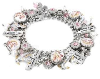 Carousel Horse Bracelet, Merry Go Round Gift, Pink Pearl Jewelry, Fantasy Charms