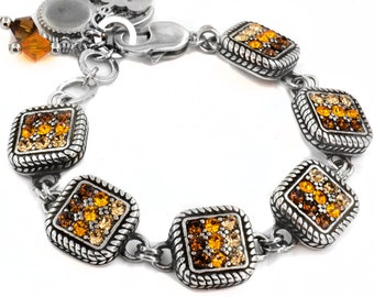 Pumpkin Crystal Bracelet, Colorful Autumn Checkerboard Jewelry, Adjustable Clasp in Stainless Steel