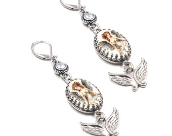 Vintage Angel Wing Earrings, Guardian Angel Dangles in Premium Non Tarnish Stainless