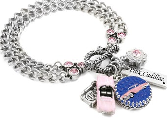 Pink Cadillac Bracelet, Rockabilly Jewelry, Car Charms, Crystal Bracelet
