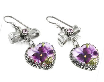 Purple Earrings, Heart Drop with Colorful Pansy and Amethyst Crystals
