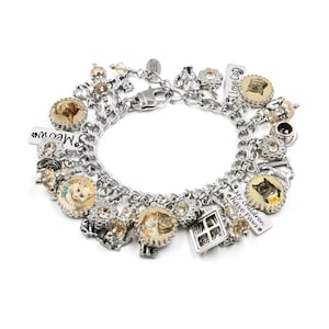 Vintage Cat Charm Bracelet  in Non Tarnish Stainless with Austrian Crystals