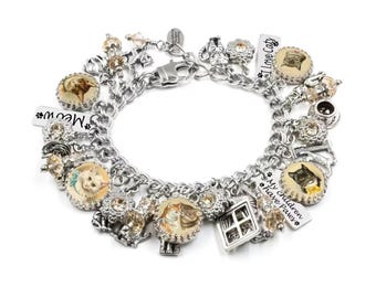 Vintage Cat Charm Bracelet  in Non Tarnish Stainless with Austrian Crystals