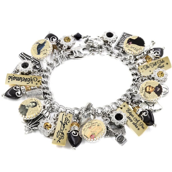 Edgar Allen Poe Bracelet, Literary Jewelry, Author Charms, Gothic Themed, Black Heart Onyx