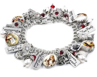 Alice in Wonderland Jewelry, Colorful Mad Hatter Bracelet, White Rabbit, Queen of Hearts, Cheshire Cat