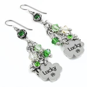 St. Patrick&#39;s Day Earrings, Emerald Green Shamrocks and Four Leaf Clover, St. Patty&#39;s Gift