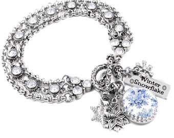 Crystal Snowflake Charm Bracelet for Winter Jewelry with Image of Real Snowflake