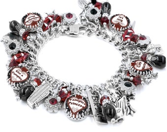Vampire Bracelet, Dracula Jewelry, Halloween Charms, Gothic Gifts, in Ruby and Black Onyx