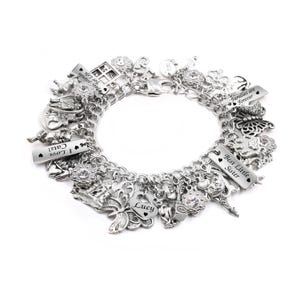 Op de afbeelding: Een zilverkleurige bedelarmband met diverse hangende bedels, waaronder rechthoekige plaatjes gegraveerd met "Best Friends For Life", "I Love Cats!", "Families are Forever" en "Best Little Sister", plus een hartvormige bedel met "Lucy".