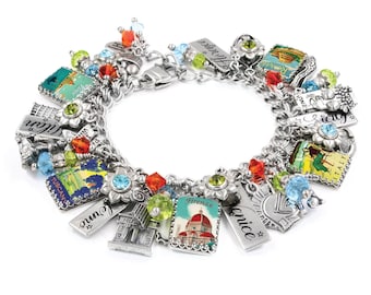 Italy Bracelet, Travel Jewelry with Vintage Italian City Posters, Rome and Venice
