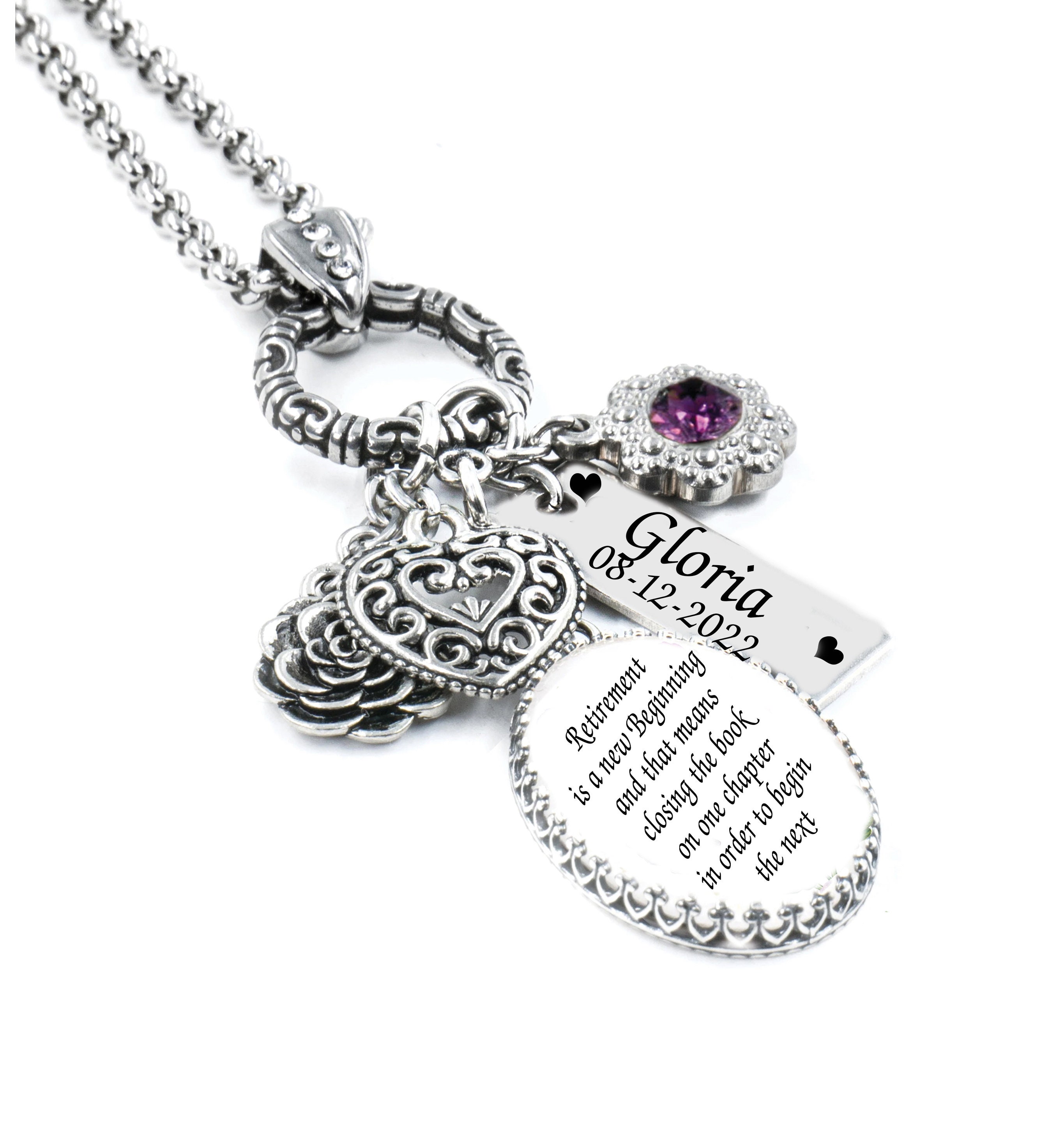 Personalized Retirement Necklace, Custom Name Charm, Retirement Gift for Women with Birthstone