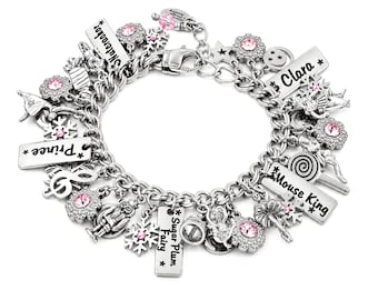 Personalized Nutcracker Charm Bracelet, Sugar Plum Fairy, Custom Engraving, Crystal Birthstone, Non Tarnish Silver & Waterproof